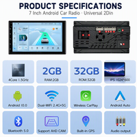 Autoradio Android 2Din 7 pouces, CarPlay sans fil, Android Auto, GPS, WiFi, écran tactile, autoradio