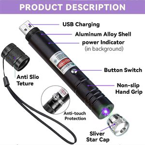 Pointeur laser, pointeur laser violet, lampe indicatrice, pointeur laser longue portée pour la randonnée, lampes de poche rechargeables par USB - Product Image 3