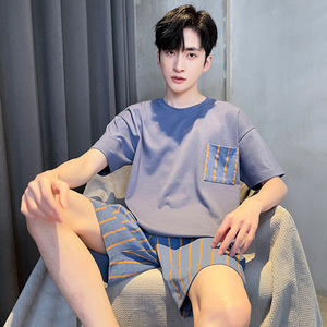 Set <span class=keywords><strong>pigiama</strong></span> in <span class=keywords><strong>cotone</strong></span> traspirante da <span class=keywords><strong>uomo</strong></span> estivo a manica corta Casual in due pezzi per indumenti da casa <span class=keywords><strong>pantaloncini</strong></span> da notte per la stagione calda - Product Image 1