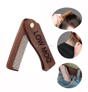 Folding Wooden Wood Foldable Beard Comb And Hair Brush Custom Logo Natural Eco Friendly Beard Grooming Mustache Comb For Men Gif