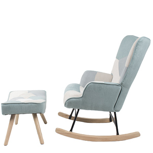 <span class=keywords><strong>Fauteuil</strong></span> à <span class=keywords><strong>bascule</strong></span> moderne en velours <span class=keywords><strong>patchwork</strong></span> bleu et blanc avec dossier haut et pieds en bois pour hôtel, chambre, crèche, salon BSCI - Product Image 6