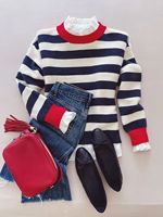Pull à col rond rayé contrasté respirant pour femmes, à manches longues, côtelé, décontracté, pour le quotidien, 100% polyester