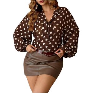 Women's Plus Size Polka Dot Blouse Long Sleeve Bow Tie Front Chiffon Work Office Dressy Casual <b>Top</b> - Product Image 1