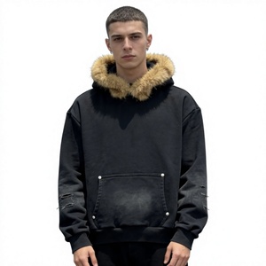 Sudadera con Capucha Extra Grande para Hombre, Estilo Desgastado, con Ribete de Piel Sintética Desmontable, Sudadera de Forro Polar Grueso, Estilo Hip Hop Urbano - Product Image 3