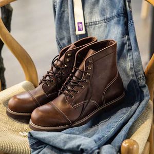 Botas de Hombre de Cuero Genuino Marrón con Cordones, Punta Redonda, Suela de Goma, Zapatos para Caminar para Todas las Temporadas - Product Image 3