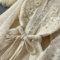 Robe longue décontractée élégante pour femme WIWT, en dentelle brodée, coupe trapèze, col montant, manches lanternes, avec ceinture à nouer, pour le quotidien