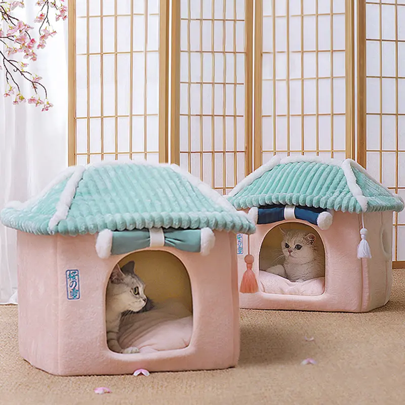 Kualitas Tinggi Gaya Jepang Lucu Removable Tertutup Pet Cat House Menebal Hangat Dalam Ruangan Pet Cat Dog Bed untuk Musim Dingin