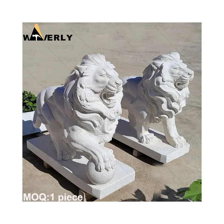 बिक्री के लिए वेवरली संगमरमर पशु मूर्तिकला आउटडोर गार्डन प्रवेश द्वार स्थायी सजावटी मूर्ति सफेद पत्थर शेर की मूर्ति
