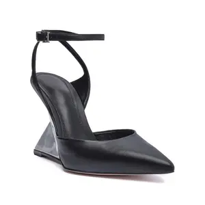 Custom Strange Heel Shoes Manufacturer Women Slingback Ankle Straps Heel Custom Pumps Customized Silver Special Wedge Heel Shoes