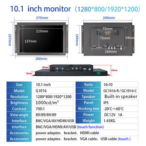 Hohe Helligkeit 1000 Nits 10,1 Zoll 1920*1200 Open-Frame-Monitor Kapazitiver Touchscreen Industrielles LCD-Display BNC HD-MI VGA AV - Product Image 2