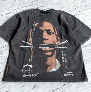 T-<span class=keywords><strong>shirt</strong></span> vintage américain imprimé Travis <span class=keywords><strong>Scott</strong></span>, délavé à l'acide, pour homme et femme, coupe oversize, streetwear rétro, en coton vieilli - Product Image 2