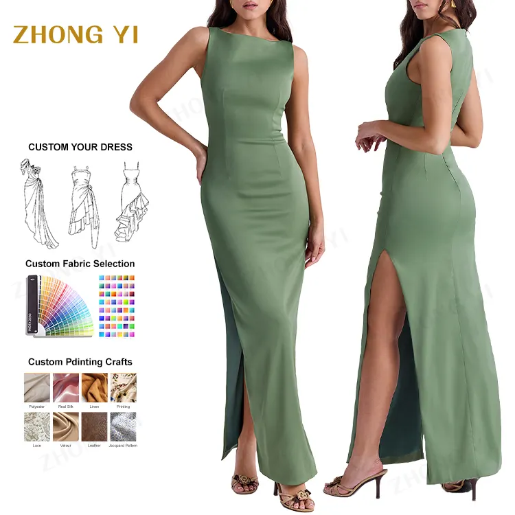 2024 Manufacture Custom Colour Oliver Matt Silk Satin Boat Neck Maxi Dress High Thigh Silt Bodycon Sleeveless Elegant Long Dress