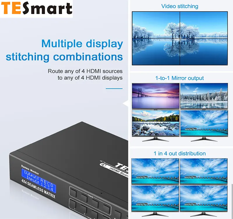 لوحة حائط للفيديو من TESmart, 4x4 ، منافذ HDMI ، تحويل سلس ، 4K ، 30Hz ، تحكم بالانترنت بروتوكول الإنترنت