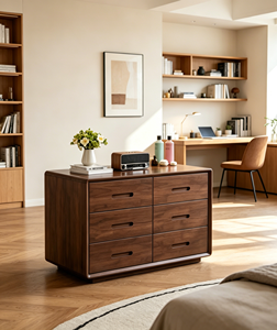 Modern Solid Wood <b>6</b>-<b>Drawer</b> Cabinet Slab Doors Durable Multi-Purpose Storage Furniture for Living Room (Midcentury Modern Design) - Product Image 3