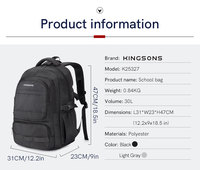 Sac à dos scolaire Kingsons 30L résistant à l'eau, sac à dos pour ordinateur portable, sac à dos multi-poches pour garçons et filles, lycée, collège
