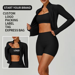 Completo Sportivo da <span class=keywords><strong>Donna</strong></span> a 3 Pezzi in Tessuto Costolato Senza Cuciture - Giacca con Zip a Maniche Lunghe, Reggiseno Sportivo e Pantaloncini a Vita Alta per Yoga e <span class=keywords><strong>Palestra</strong></span> - Product Image 3