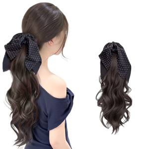 Perruque queue de cheval basse style coréen pour femmes, cheveux longs bouclés, nœud à pois, à clipser, en fibre synthétique Kanekalon, 40cm, 105g, sans colle - Product Image 1