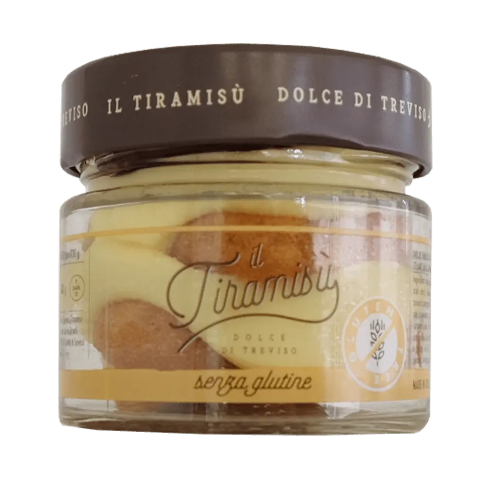 Tiramisu dessert traditionnel de Trévise sans gluten fabriqué en Italie emballé dans un bocal en verre produit congelé