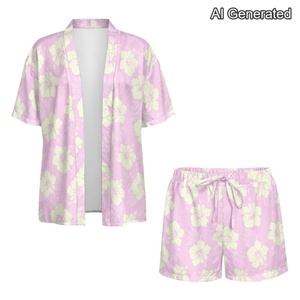 Conjunto de Dos Piezas con Estampado Floral Estilo Hawaiano para <span class=keywords><strong>Mujer</strong></span>, Blusa Transpirable de Manga Corta y Pantalones Cortos con Cordón, Atuendo Casual para la Playa - Product Image 3