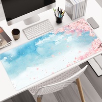 Tapis de souris de jeu XL personnalisé avec logo, motif fleur de cerisier, ciel bleu aquarelle, grand tapis de bureau, tapis étendu pour clavier d'ordinateur portable
