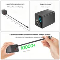 Câble rétractable 65W GaN PD 3.0 QC2.0 pour ordinateur portable, 2 ports Type-C et 1 port USB-A, charge rapide, prise UK, chargeur mural pour Macbook