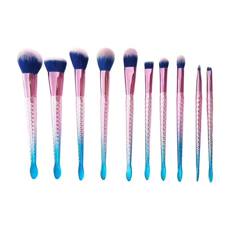 Custom Manufacturer Mermaid Fish 10Pcs Cosmetics Facial Beauty Tool Makeup Brush Set