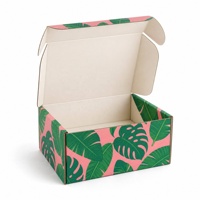 Boîte d'expédition en carton ondulé personnalisée, base rose, imprimé feuille de Monstera tropicale, intérieur crème, emballage cadeau pour expédition aérienne