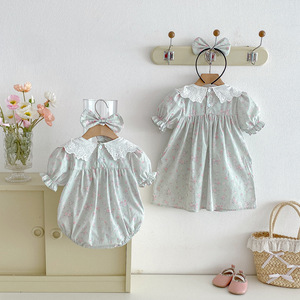 Gaun Anak Perempuan Motif Bunga Cetak Sisters, Rok Musim Panas, Baju Bayi Lengan Pendek, Romper Bayi Katun, Pakaian Bayi - Product Image 2