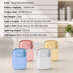 Mini Power Bank couleur macaron 10000mAh, charge rapide, chargeur de téléphone portable portable avec câbles L et C intégrés, pour cadeau et vente au détail - Product Image 2