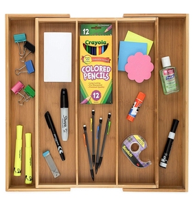 Organisateur de stockage en bois de tiroir d'argenterie en bambou de 5 compartiments, plateau extensible de couverts - Product Image 1