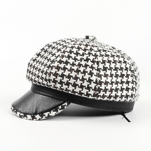 Casquette plate vintage <span class=keywords><strong>en</strong></span> laine et cuir pour femme, style newsboy, à motif pied-de-poule, béret, chapeau octogonal - Product Image 5