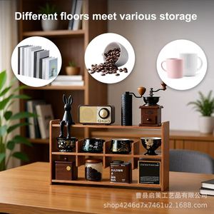 Wooden Double Layer Teacup Holder Retro <b>Desktop</b> <b>Shelf</b> Multipurpose Storage Living Room Display Rack Rectangle Freestanding - Product Image 3