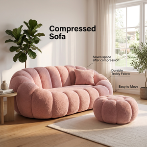Modern Compression Boucle Sofa in a Box Channel Tufted Pink <b>Cloud</b> Sofa for Living Room Bedroom Apartment - Product Image 1