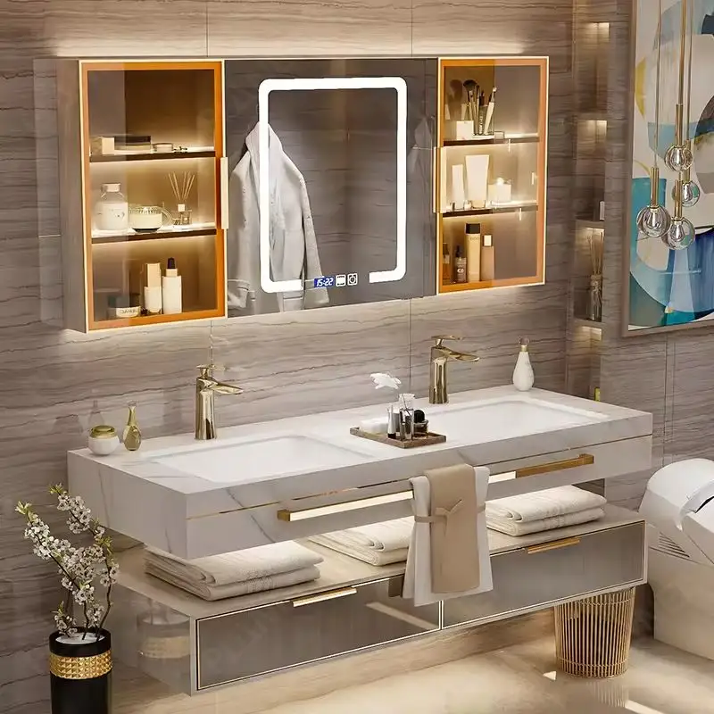 Katı ahşap bâtıla banyo lavabo dolabı üreticisi doğrudan satış akrilik su geçirmez Modern otel duvara monte üçgen