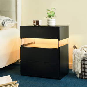 LED Nightstand 3 Drawer Dresser With Acrylic Board <b>Bedside</b> <b>Table</b> Black Bedroom Storage Drawer Unit - Product Image 2