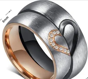 Vlink珠宝不锈钢爱情拼图锆石半心情侣情人节结婚承诺戒指