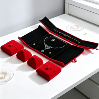Boîte à bijoux double ouverture en velours rouge avec bouton-pression pour bague, boucles d'oreilles, collier, emballage cadeau personnalisé