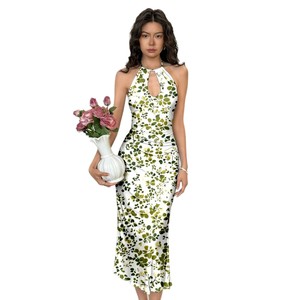 Robe nuisette d'été verte à fleurs, col licou, découpes, coupe ajustée, taille haute, pour femme, tenue de club, SMLXLXXL - Product Image 5