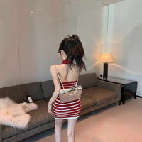 Gaun Mini Bodycon Rajut Bergaris Y2K Trendy Wanita Merah Putih Kerah Lapel Kancing Depan untuk Estetika Fashion Seksi