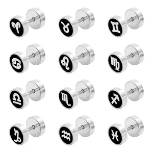 Wholesale Punk Double Sided Stainless Steel Earrings Men Women Couple Zodiac Ear Plugs Barbell Stud Earrings Unisex Ear Jewelry