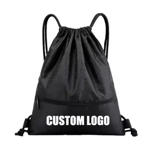 Black Large Travel Biodegradable Promotional 210D Polyester Backpack Custom Logo Silk Drawstring Bag With Pocket