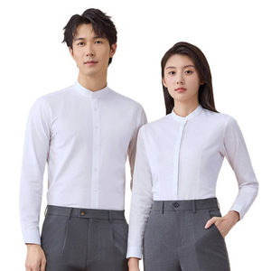 Unisex Stand-Collar Long-Sleeved Business Shirt Bamboo Fiber Workwear Gray Solid Color Zhongshan Style Uniform - Product Image 4