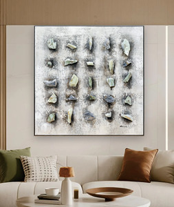 Arte Murale Astratta 3D Moderna, Dipinti Paesaggistici con Pietre Naturali Verdi e Grigie Intarsiate - Product Image 1