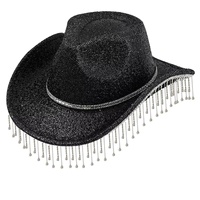 Chapeau de cowboy bohème western à paillettes, noir, avec franges en strass, pour festival de musique gothique, chapeaux de fête personnalisés pour femmes, vente en gros