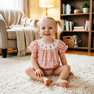 ชุดรอมเปอร์เด็กทารก SR3785 RTS สีชมพู ลายโบว์กระต่าย พิมพ์ลายดอกไม้ แต่งระบาย แขนยาว น่ารัก สไตล์บับเบิ้ล ขายส่ง - Product Image 1