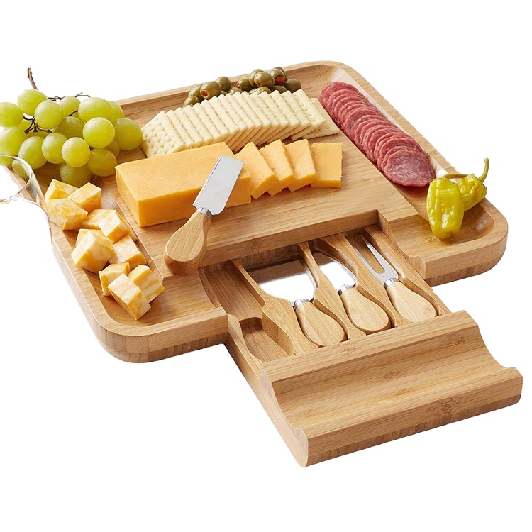 Бамбуковая доска для сыра и набор ножей-бамбуковая доска для колбасных изделий и блюдо для сыра