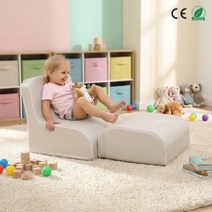 Canapé en mousse pour enfants avec ottoman, ensemble de 2 pièces beige, canapé pour tout-petits, cuir PU facile à nettoyer, chaise longue pour salle de jeux, âge 2-6 ans - Product Image 1