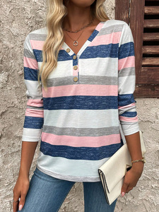 <span class=keywords><strong>Nouvelle</strong></span> <span class=keywords><strong>Collection</strong></span> Automne 2026 Européenne et Américaine : T-shirt Décontracté Femme à Manches Longues, Col en V, Rayures, en Maille - Product Image 2