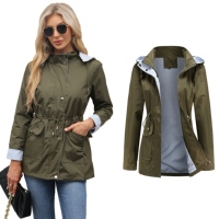 Jas Trench Wanita Kasual Warna Solid dengan Kerah Kancing, Saku Resleting, Lengan Panjang, Bahan Bernapas, dan Tudung Lepas Pasang untuk Musim Semi dan Gugur