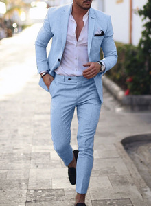 Costume en <span class=keywords><strong>lin</strong></span> <span class=keywords><strong>bleu</strong></span> <span class=keywords><strong>marine</strong></span> pour <span class=keywords><strong>homme</strong></span>, 2 pièces, coupe ajustée, <span class=keywords><strong>blazer</strong></span> et pantalon pour mariage et occasions décontractées - Product Image 4